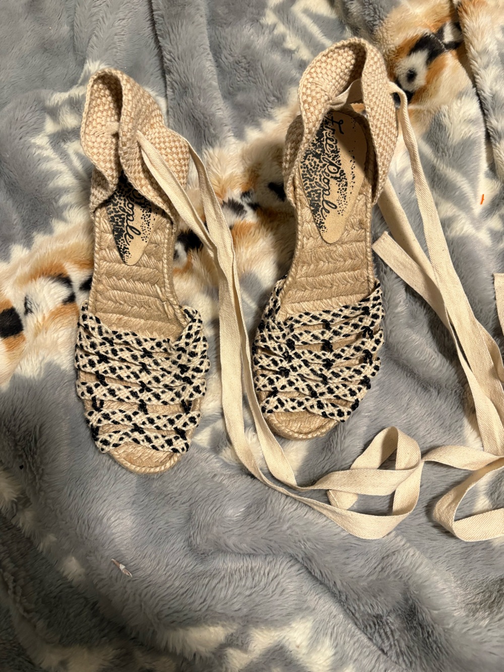Free People Beige and Black Braided Espadrille Lace-Up Sandals